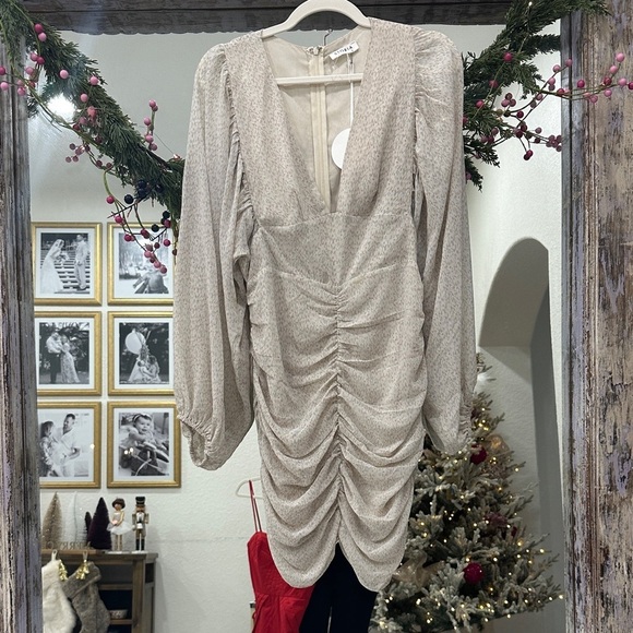 Storia Dresses & Skirts - Storia Beige Long Sleeve Ruched Dress